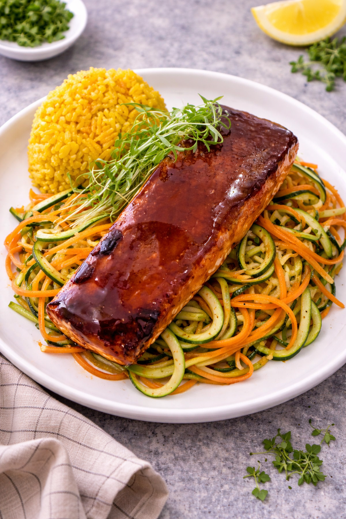 Clean Eats Teriyaki Salmon with Zucchini and Carrot Noodles with Turmeric Pilaf (GF, DF)