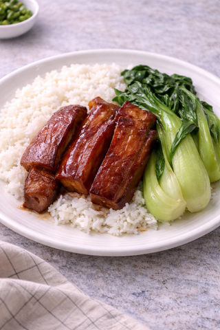 Char Siu Pork Belly with Steamed Rice and Bok Choy