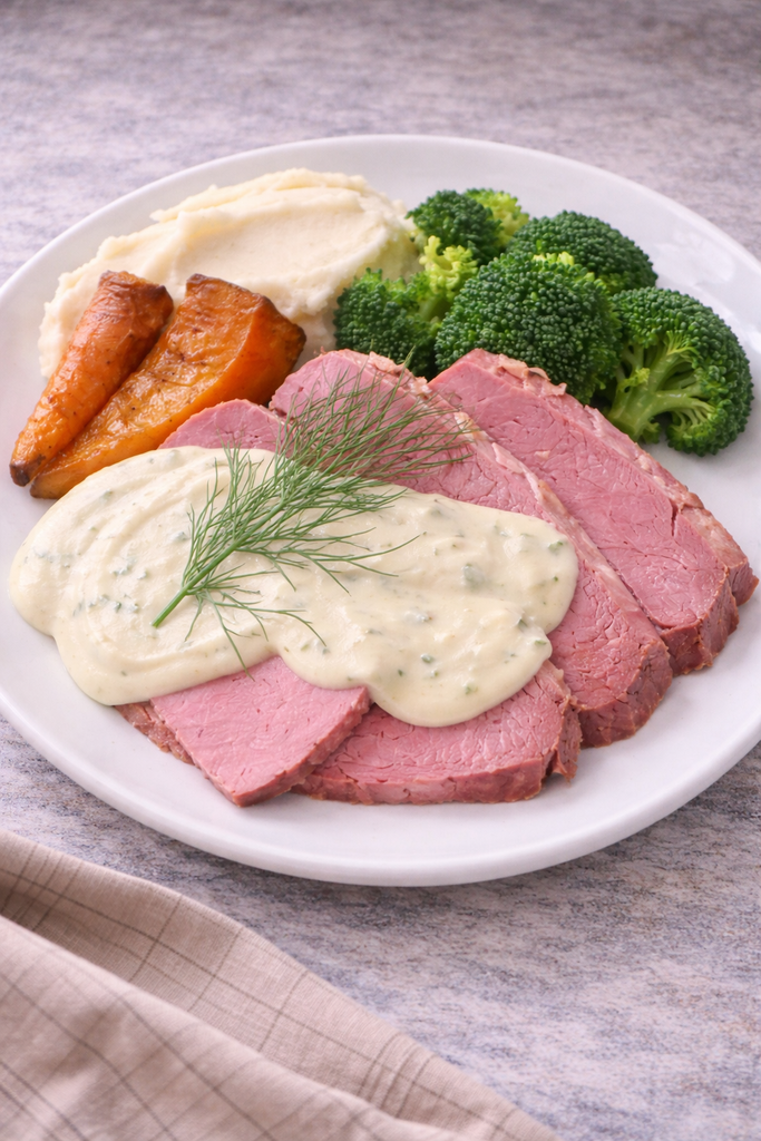 Corned Beef Silverside with Creamy Mash, Pumpkin & Greens