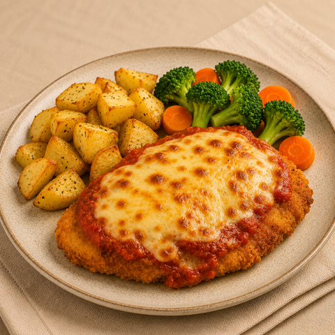 Chicken Parmy with Potatoes, Carrots & Broccoli (GF)