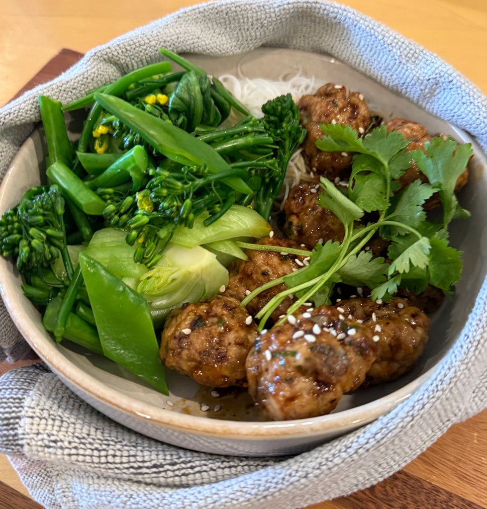 Asian Pork Meatballs with Kabayaki Sauce, Rice Noodles and Tossed Greens