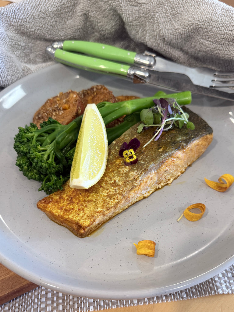 Oven-Baked Salmon with Sweet Potatoes & Broccolini