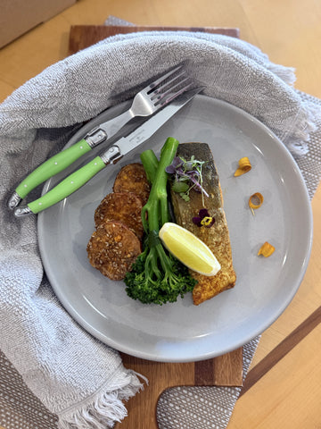 Oven-Baked Salmon with Sweet Potatoes & Broccolini